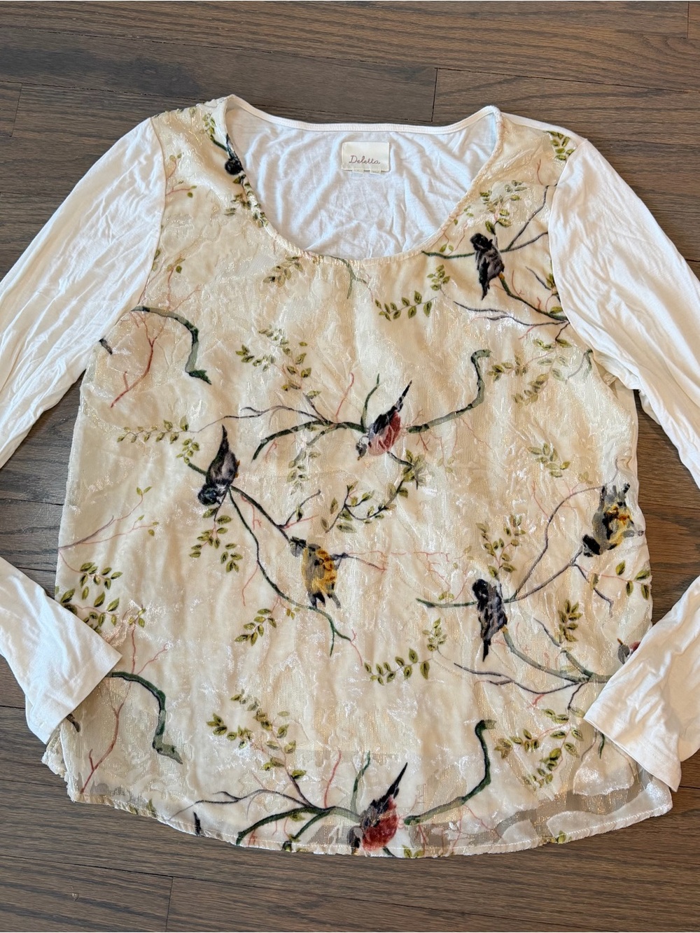Anthropologie Deletta Long Sleeve Velvet Burnout Bird Print Cream Boho Whimsy L